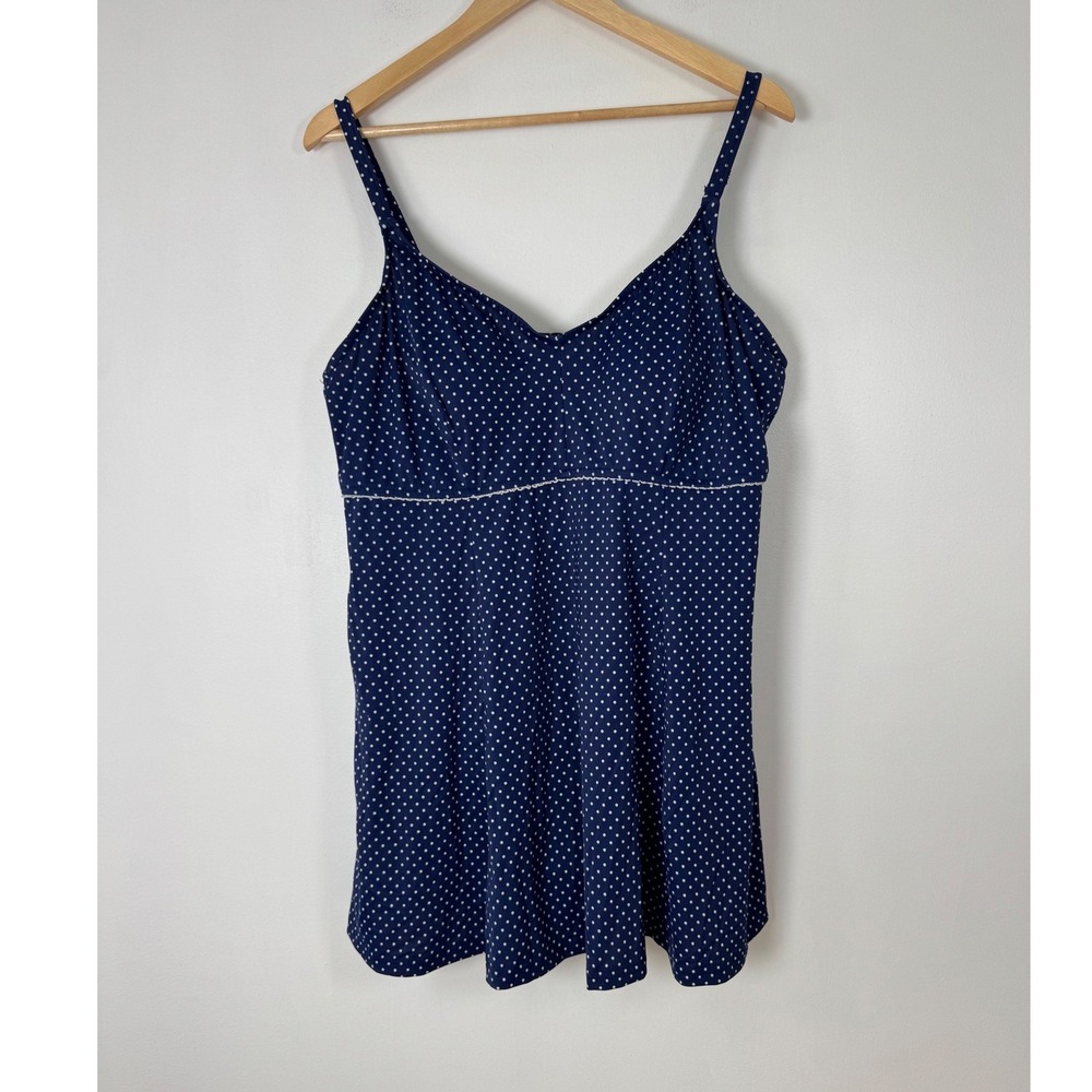 Retro Pinup Le Cove Women 22W Swim Dress Navy Blue Polka Dot Plus Size One Piece